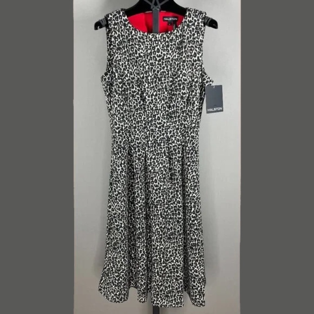 NEW Halston Dress Womens 4 black brown leopard fit flare cocktail classic
